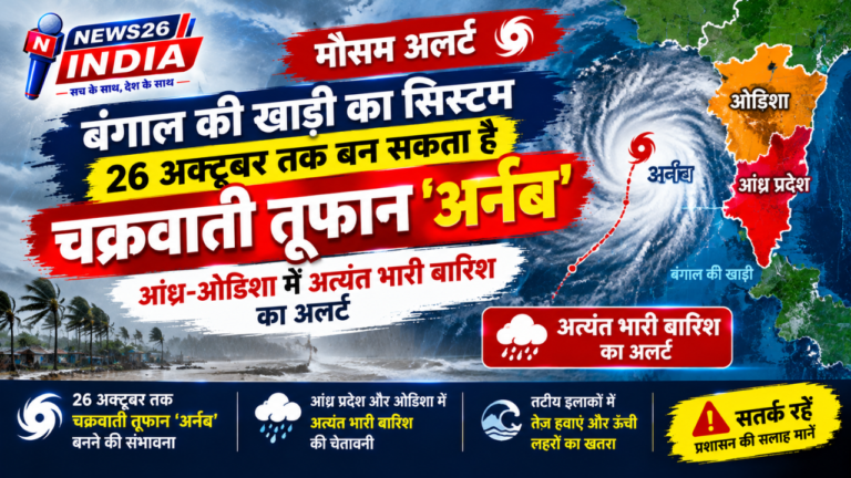 बंगाल की खाड़ी का सिस्टम 26 अक्टूबर तक बन सकता है चक्रवाती तूफान 'अर्नब', आंध्र-ओडिशा में अत्यंत भारी बारिश का अलर्ट